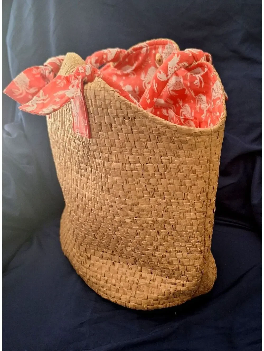 NWT Lulu Crab Woven Wicker Straw Beach Tote Pink Coral Scarf Handles 3 Pockets